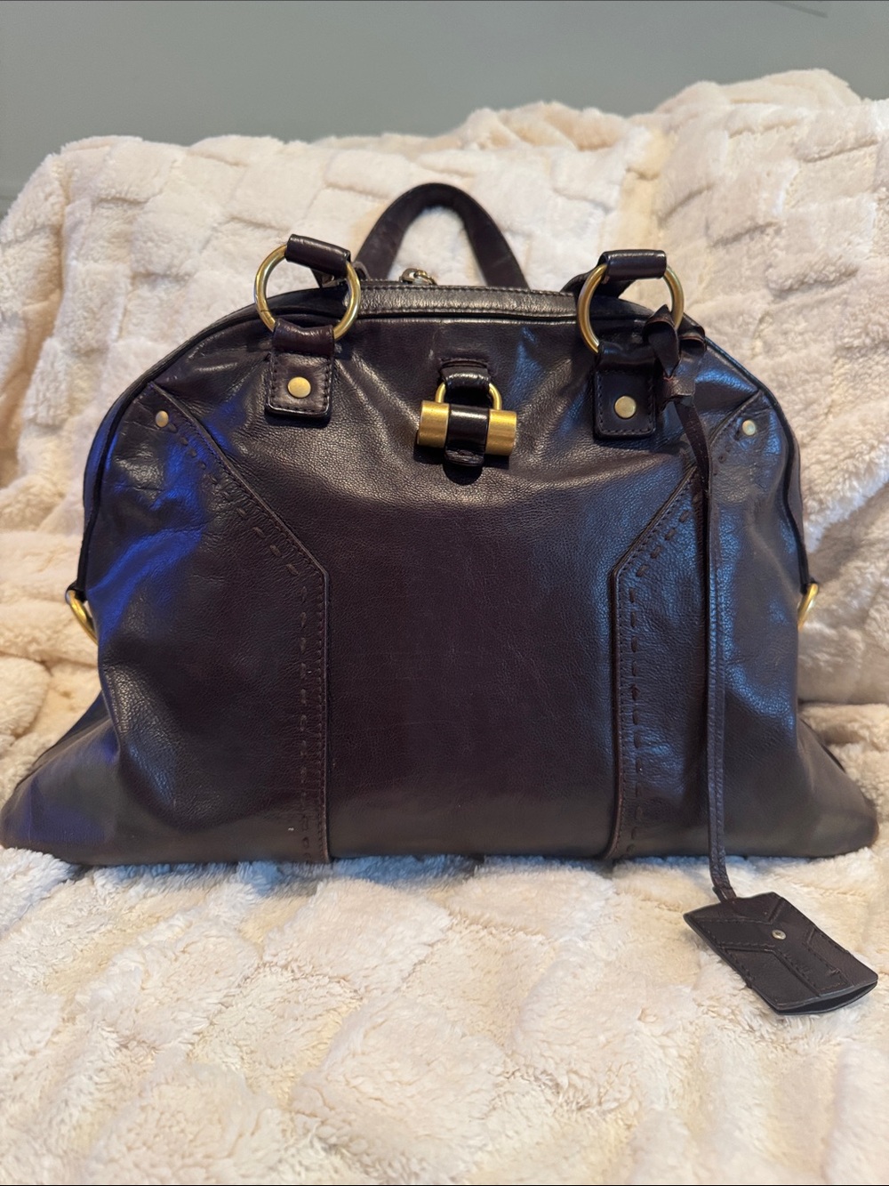 Yves Saint Laurent Dark Brown Leather Shoulder Bag with Gold Hardware